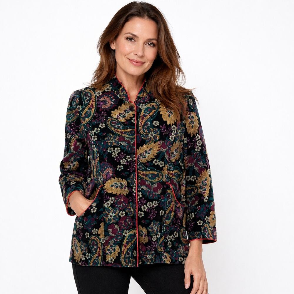 Vintage Size L Velvet Jacket Blazer Mandarin Collar Floral Black Jewel Tone